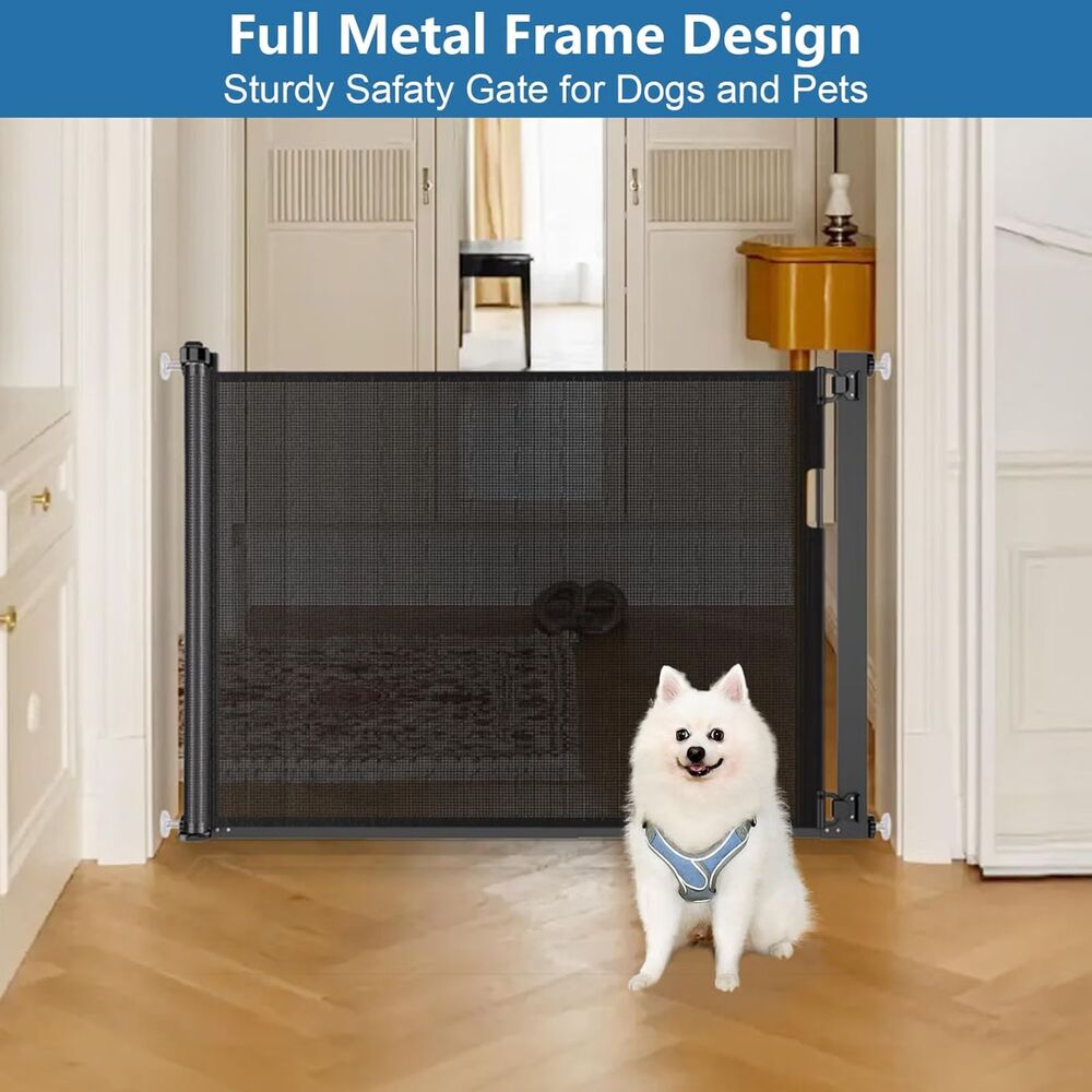 Retractable Dog Gate 29-42"W & 32.5"H, Pressure Mount Mesh Pet Gate Black
